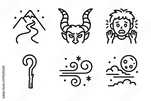 Krampus Winter Icons. Winter Legend linear icons: mountain path, Krampus horns, scared child, wooden staff, icy wind, moonlit sky.