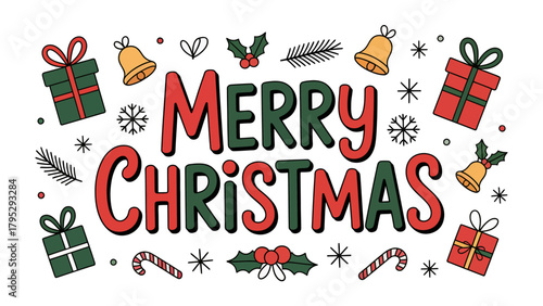 Festive Cheer: A vibrant and colorful design spells out Merry Christmas adorned with gifts, bells and other festive elements that is ready for holiday season.