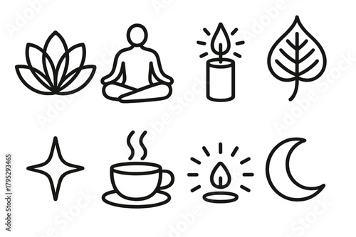 Zen Symbols Alignment. Calm Presence linear icons: lotus bloom, meditating person, candle flame, Bodhi leaf, star, tea cup, glow, moonlight.
