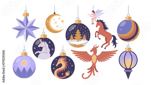 Whimsical Christmas Ornaments Display: A captivating collection of intricately designed Christmas ornaments, each adorned with unique motifs of celestial bodies and mythical creatures.