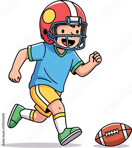 Cartoon child in a football helmet playing American football on a field with a football nearby