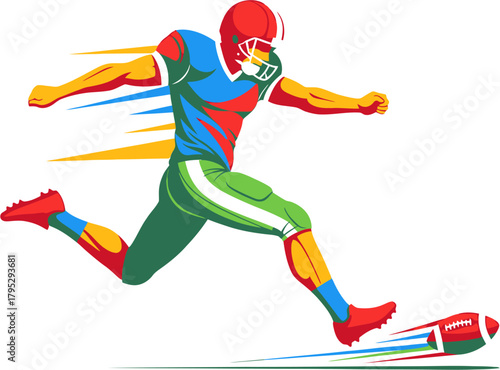 Dynamic illustration of an American football player in full protective gear executing a powerful kick, capturing the essence of speed and competitive energy on the field