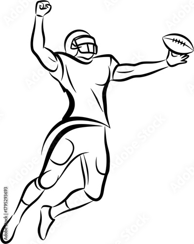 Dynamic outline illustration of an American football player making a triumphant leap with a football, perfect for sports design and athletic themes