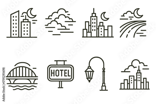 Metropolitan Twilight Skyline. Metropolitan Twilight linear icons: city towers, moonlit clouds, skyline line art, light trails, bridge arch, neon sign, streetlamp, skyline view.
