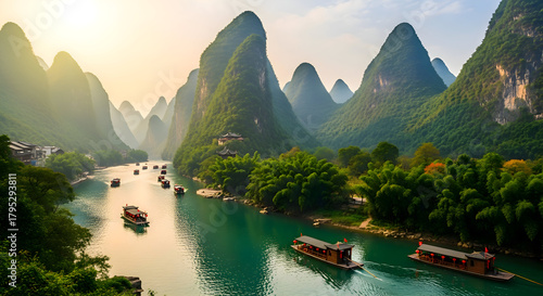 Majestic karst mountains rise above a serene river with boats