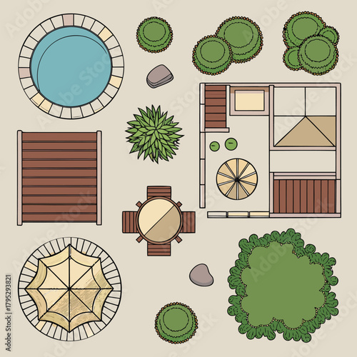 Overhead view of a garden plan featuring a pool, patio, trees, and outdoor furniture layout design