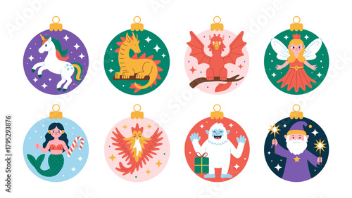 Magical Ornaments: Colorful Christmas ornaments each featuring a unique magical creature, perfect for adding a touch of enchantment to the holiday season.