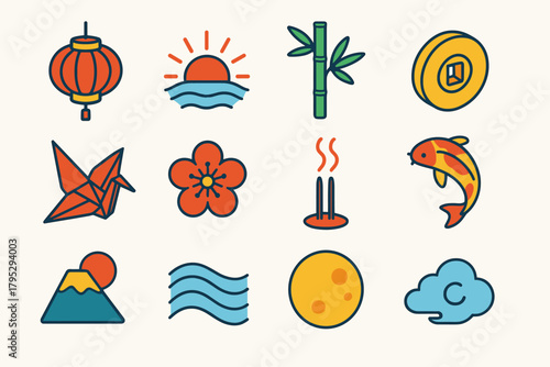 Lunar New Year Icons. Lunar New Year Hope & Renewal flat icons: red lantern, rising sun, bamboo sprig, golden coin, paper crane, cherry blossom, incense smoke, koi fish, mountain.