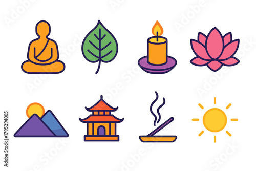 Mindful Icon Set. Mindful Stillness flat icons: monk silhouette, Bodhi leaf, candlelight, lotus bloom, mountain horizon, temple, incense smoke, soft light.