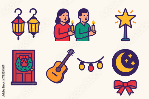 Festive Street Icons. Holiday Street Celebration flat icons: lanterns, singers with candles, star pole, wreath on door, guitar, glowing lights, night sky, ribbon.