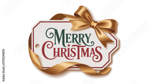 Merry Christmas Tag: A festive greeting of Merry Christmas adorned with a golden ribbon and bow. Perfect for conveying holiday cheer and seasonal sentiments.