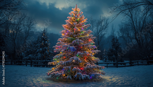 A beautifully decorated Christmas tree standing outdoors in fresh snow, illuminated with vibrant multicolored lights during the evening