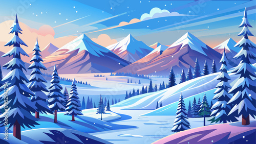 Very beautiful vector drawing of a winter landscape with snow and fir trees, featuring softly layered hills, gentle snowfall, and hand-drawn illustration details, creating a peaceful seasonal scene id