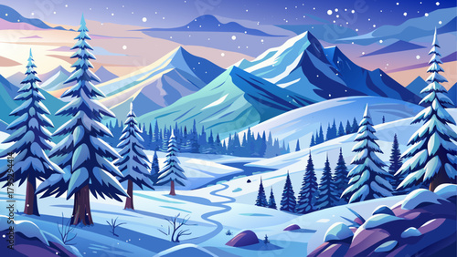 Very beautiful vector drawing of a winter landscape with snow and fir trees, featuring softly layered hills, gentle snowfall, and hand-drawn illustration details, creating a peaceful seasonal scene id