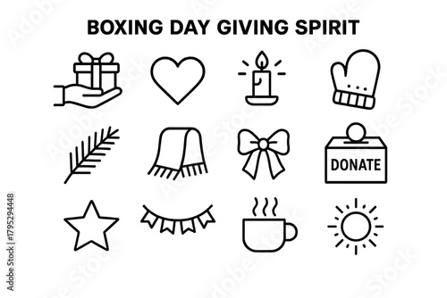 Boxing Day Icons. Boxing Day Giving Spirit linear icons: hand offering gift, heart, candle, mitten, pine branch, scarf, ribbon bow, donation box, star, garland, cozy cup, peaceful.