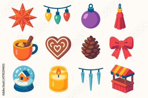 Christmas Icon Collection. Christmas Lantern Arcade flat icons: paper star, fairy lights, glass bauble, hanging tassel, mulled cider cup, gingerbread heart, pinecone, ribbon bow.