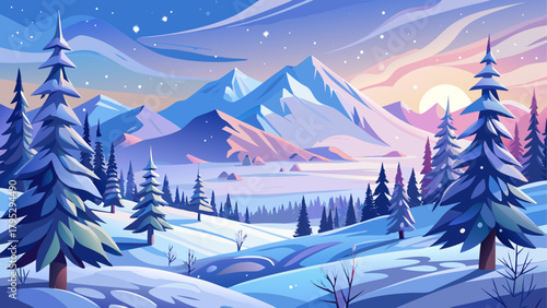Very beautiful vector drawing of a winter landscape with snow and fir trees, featuring softly layered hills, gentle snowfall, and hand-drawn illustration details, creating a peaceful seasonal scene id
