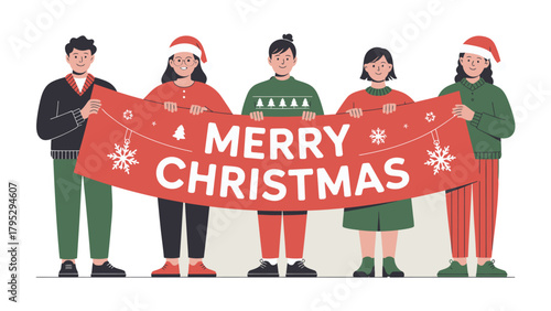 Festive Greetings: A cheerful group stands united, holding a banner emblazoned with a heartfelt holiday message, embodying the spirit of the season.