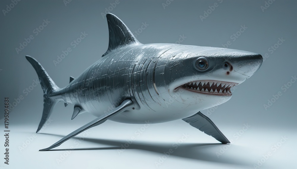 Fototapeta premium A high-resolution realistic great white shark image featuring sharp details, lifelike textures, and a dynamic swimming pose. Perfect for educational content, marine life blogs, and wildlife design pro