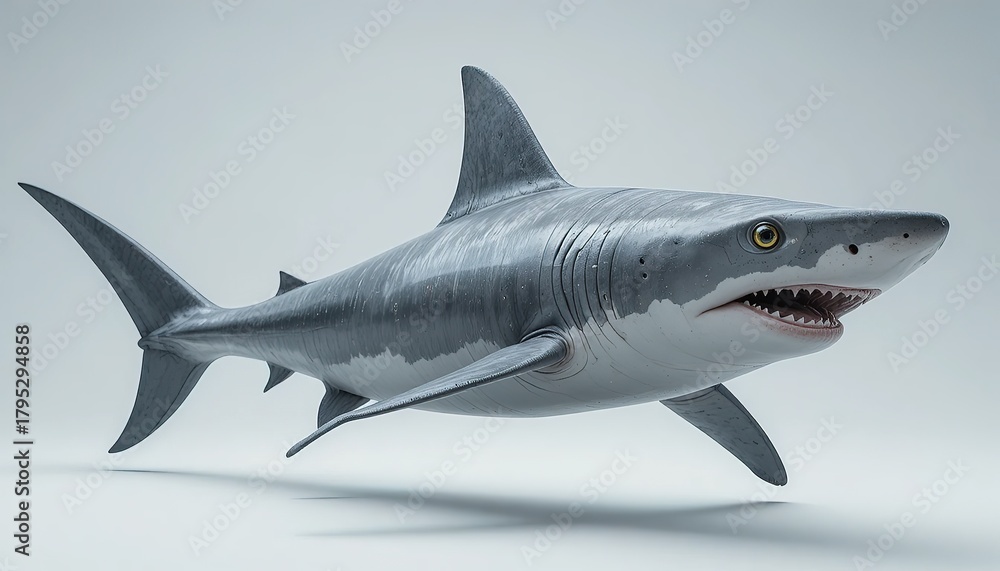 Fototapeta premium A high-resolution realistic great white shark image featuring sharp details, lifelike textures, and a dynamic swimming pose. Perfect for educational content, marine life blogs, and wildlife design pro
