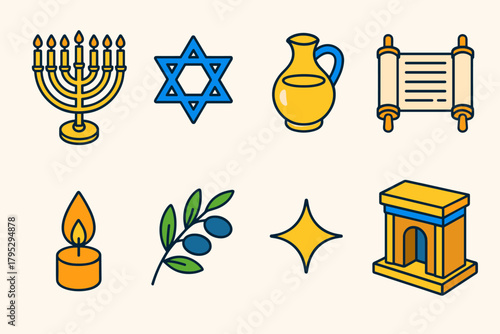 Hanukkah Tradition Icons. Hanukkah Israel Ancient Traditions flat icons: menorah, Star of David, olive oil jar, Torah scroll, temple gate, candle flame, olive branch, sparkle.