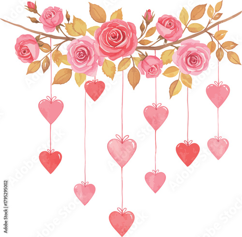 Watercolor roses and hearts hanging on a branch