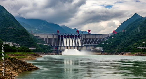 Massive hydroelectric dam spilling water between steep mountains