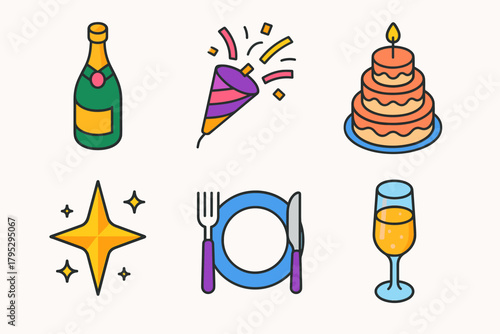 Festive Celebration Icons. New Year Feast flat icons: champagne bottle, confetti, tiered cake, sparkling star, dinner plate, elegant flute.