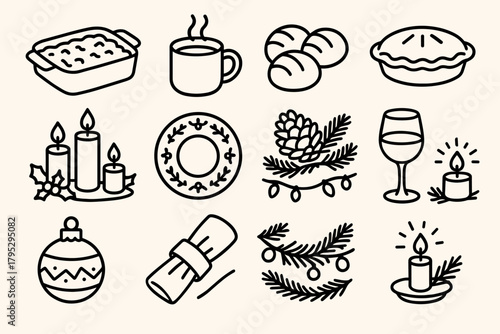 Festive Meal Icons. Cozy Holiday Meal linear icons: casserole dish, steaming mug, bread rolls, dessert pie, glowing candles, festive plates, pinecone decor, soft garland, wine.