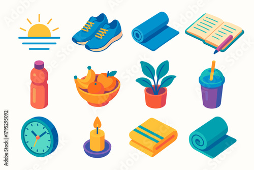 Morning Motivation Icons. New Year Momentum Flow flat icons: sunrise, sneakers, yoga mat, open notebook, water bottle, pen, fruit bowl, leafy plant, smoothie cup, clock.