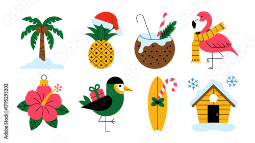 Festive Paradise: A vibrant illustration showcasing tropical elements with winter festive touches. Includes various icons such as palm tree, pineapple, cocktail, flamingo and etc.