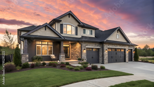 Luxury home during twilight golden hour with pink and purple sky and lush landscaping in Nebraska USA