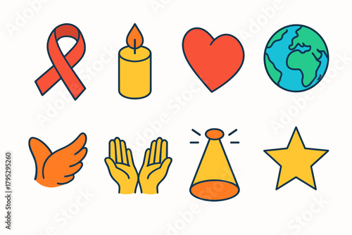 Vibrant Remembrance Icons. Day of Remembrance flat icons: red ribbon, candle flame, heart, globe, angel wing, hands, light beam, star.