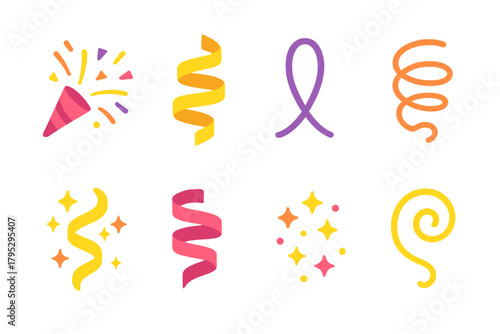 Vibrant Streamer Icons. Decorative Streamers Icons set in modern flat vector in minimalistic vibrant color design: confetti burst, ribbon coil, streamer loop, spiral line, glowing.