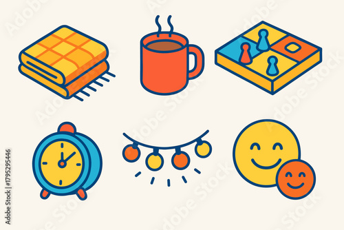 Cozy Family Icons. Cozy Family Night flat icons: blanket, cocoa mug, board game, clock, string lights, smiling faces.