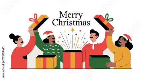 Christmas cheer: A festive illustration of joyous figures opening holiday presents with open arms, spreading warm wishes for a Merry Christmas.
