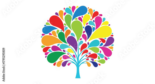 Vibrant Abstract Tree Illustration with Colorful Water Droplets, Symbolic Art and Optimistic Growth & Joy, Colorful Tree Concept