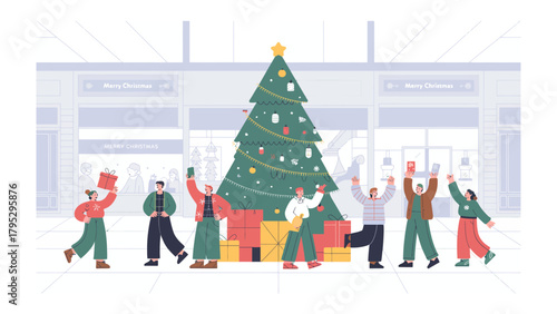 Festive Gathering at Christmas Tree: A vibrant group of people comes together, their hands raised in joyful celebration around a beautifully decorated Christmas tree, overflowing with gifts.