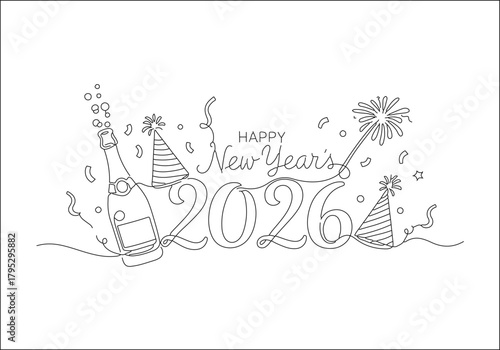 Continuous line drawing of a vibrant Happy New Year 2026 celebration with champagne bottle