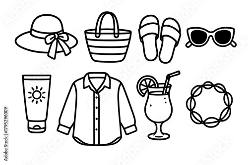 Beach Essentials Icons. Summer Glow Vibes linear icons: straw hat, beach bag, sandals, sunglasses, sun lotion, linen shirt, tropical drink, seashell bracelet.