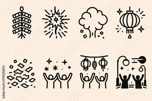New Year Firecrackers. Chinese New Year Firecrackers linear icons: string burst, red smoke, golden flash, lantern reflections, scattered paper, street celebration, cheering people.