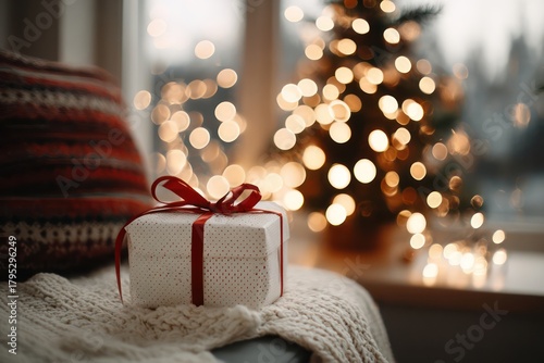 Cozy holiday room with bokeh lights, decorated tree, and a gift wrapped in white paper and red ribbon