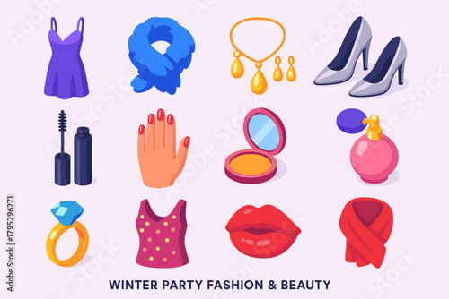 Winter Fashion Icons. Winter Party Fashion & Beauty flat icons: satin dress, faux fur scarf, gold jewelry, metallic heels, mascara wand, red nails, compact mirror, perfume atomizer.