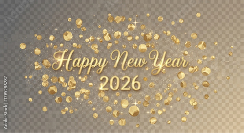 Golden confetti showers the inscription Happy New Year 2026, creating a visually appealing festive scene, perfect for digital greetings and celebratory designs. vector illustration