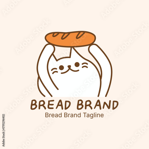 Adorable bakery logo featuring cute cat mascot holding fresh bread loaf. Hand-drawn illustration with warm colors for bakery branding and packaging design.