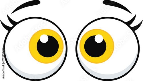 A pair of exaggerated, cartoon eyes with large white scleras, yellow irises, black pupils, long eyelashes, and arched eyebrows, looking towards the center.