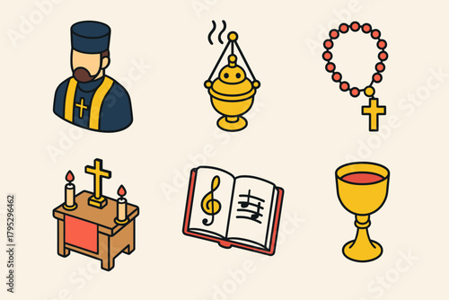 Orthodox Christmas Icons. Orthodox Christmas Devotion flat icons: priest, censer, rosary, altar, choir book, chalice.