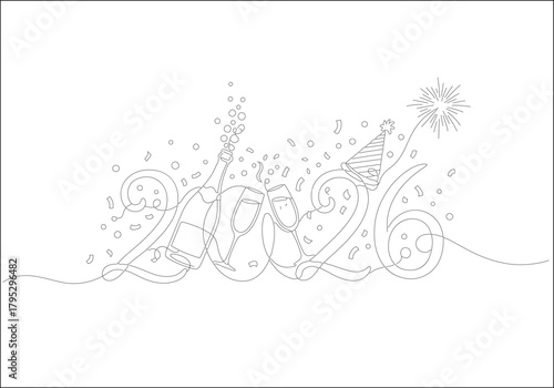 Elegant continuous line drawing of a 2026 New Year celebration with champagne toast and confetti