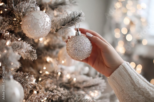 Decorating a Christmas tree with sparkling ornaments and glittering lights