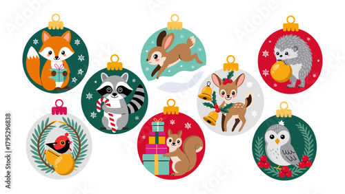 Festive Ornament Collection: A delightful assortment of Christmas ornaments features charming forest animals, exuding holiday cheer and seasonal joy. 